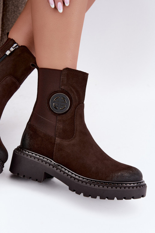 Warm suede ankle boots with elegant details Zazoo 60578 chocolate