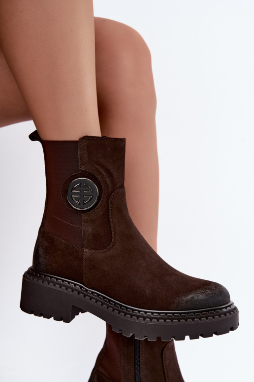 Warm suede ankle boots with elegant details Zazoo 60578 chocolate