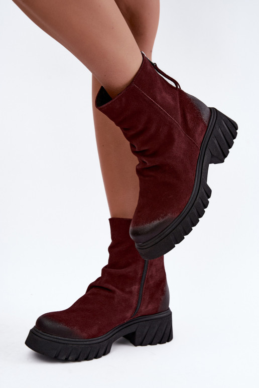 Warm suede ankle boots with ruffles Zazoo 60590 burgundy