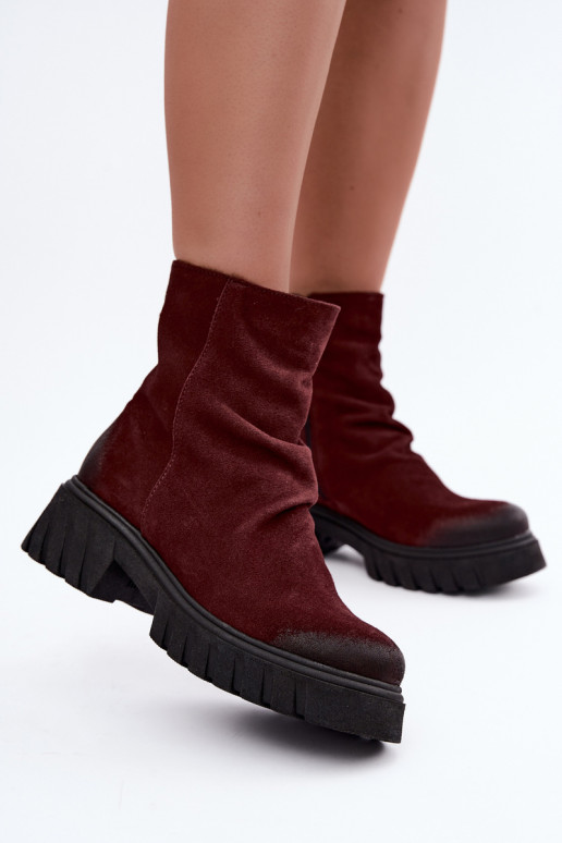 Warm suede ankle boots with ruffles Zazoo 60590 burgundy