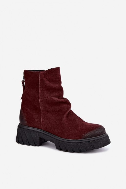 Warm suede ankle boots with ruffles Zazoo 60590 burgundy