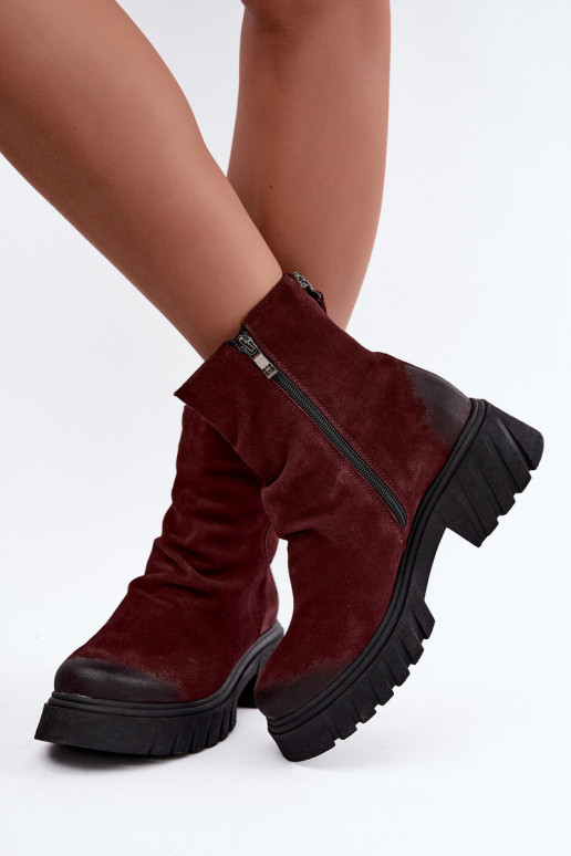 Warm suede ankle boots with ruffles Zazoo 60590 burgundy