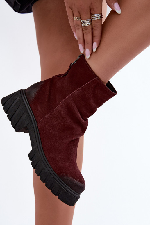 Warm suede ankle boots with ruffles Zazoo 60590 burgundy