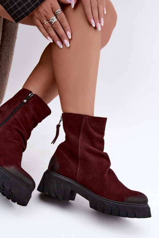 Warm suede ankle boots with ruffles Zazoo 60590 burgundy
