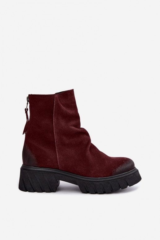 Warm suede ankle boots with ruffles Zazoo 60590 burgundy