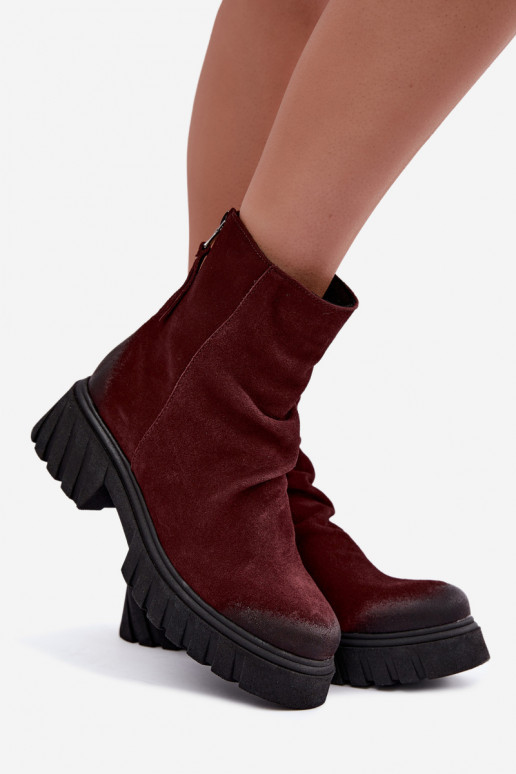 Warm suede ankle boots with ruffles Zazoo 60590 burgundy