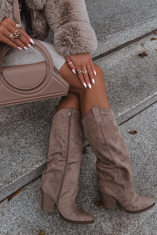 Insulated over-the-knee cowboy-style boots with heels, faux suede, in sand