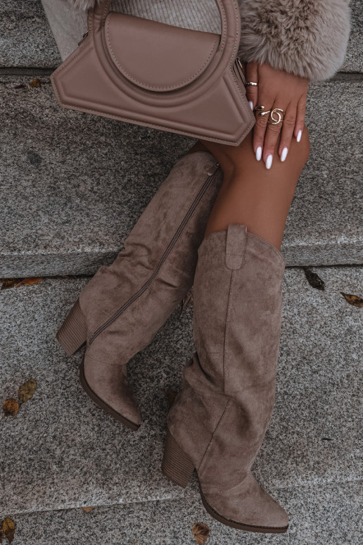 Insulated over-the-knee cowboy-style boots with heels, faux suede, in sand