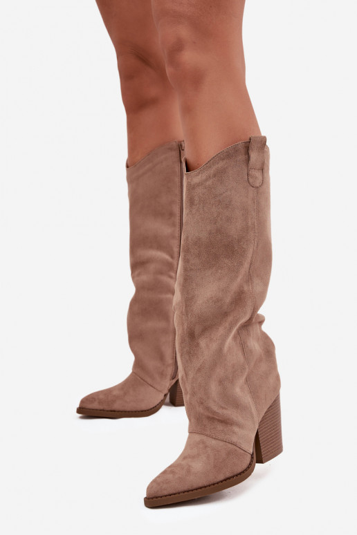 Insulated over-the-knee cowboy-style boots with heels, faux suede, in sand