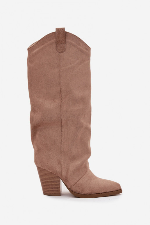 Insulated over-the-knee cowboy-style boots with heels, faux suede, in sand