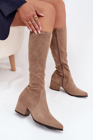 Women's knee-high boots with low heel in sand faux suede Sergio Leone KZ212
