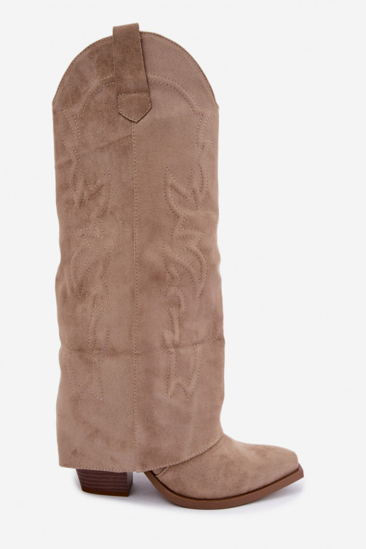 Cowboy-style knee-high boots with heels and embroidered shaft in sand color Terise