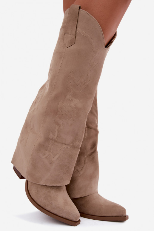 Cowboy-style knee-high boots with heels and embroidered shaft in sand color Terise
