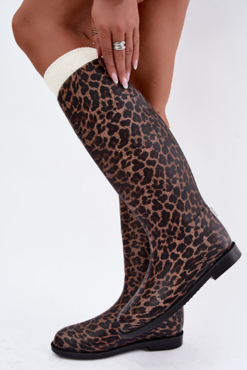Tall women's rubber boots with wide heels and leopard print in black color Melianne 2