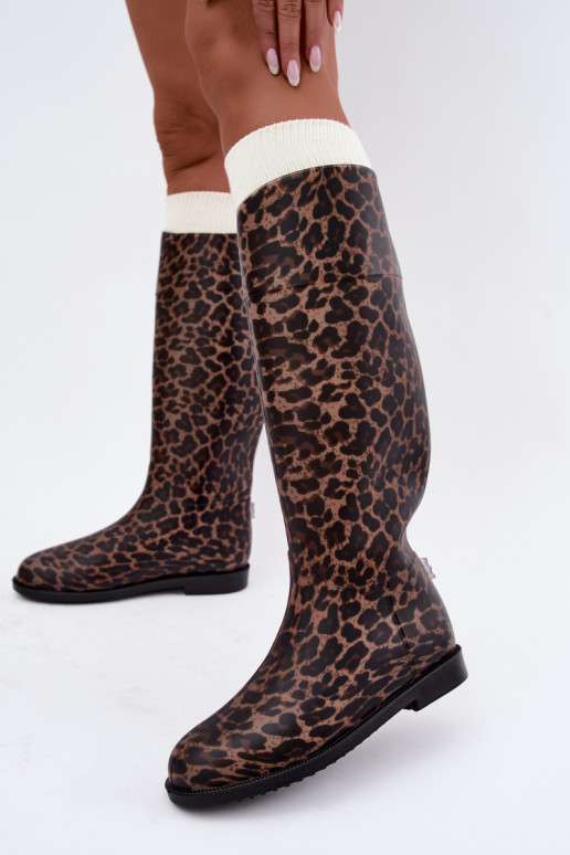 Tall women's rubber boots with wide heels and leopard print in black color Melianne