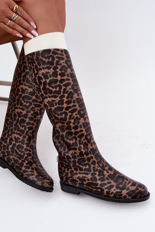 Damskie wysokie gumowe buty z szerokimi obcasami i leopardzim wzorem w czarnym kolorze Melianne