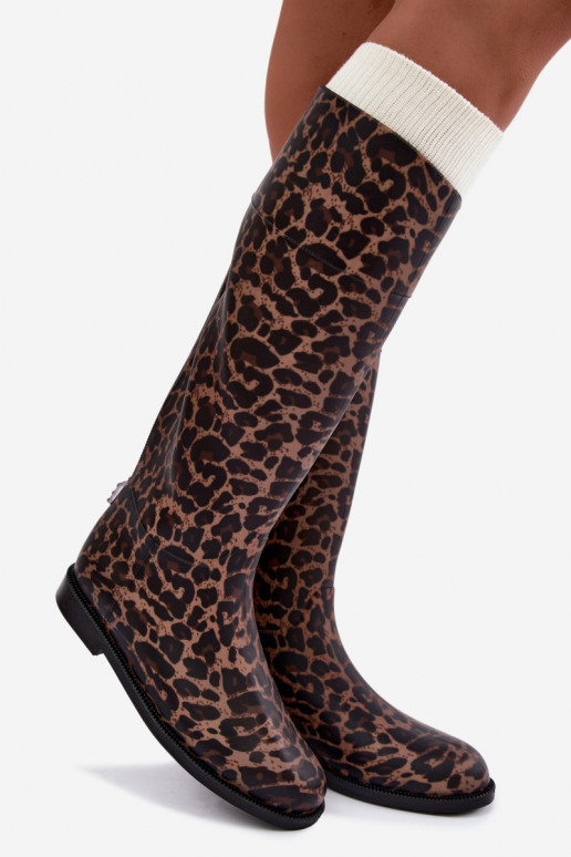 Tall women's rubber boots with wide heels and leopard print in black color Melianne