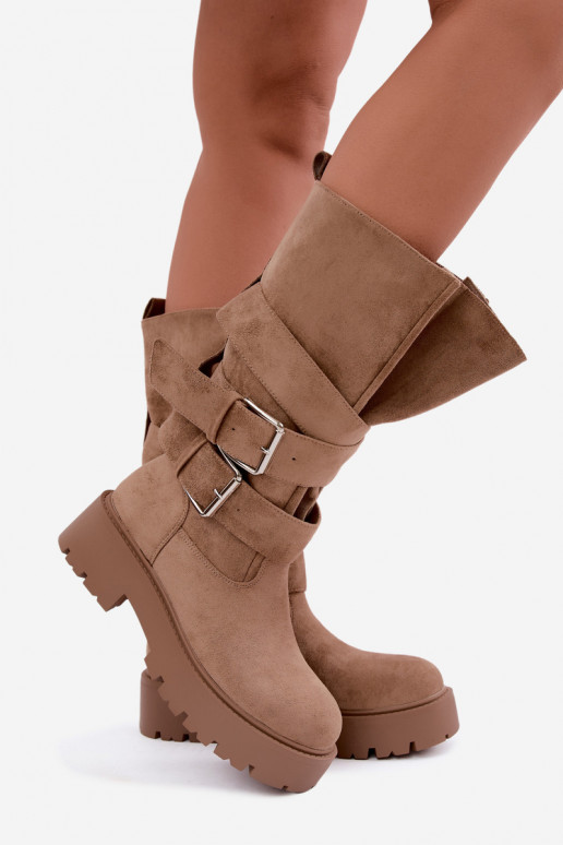 Warm knee-high boots with platform and buckles in sand color Palomae