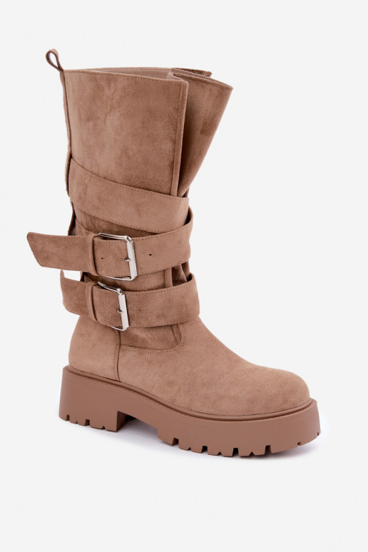 Warm knee-high boots with platform and buckles in sand color Palomae