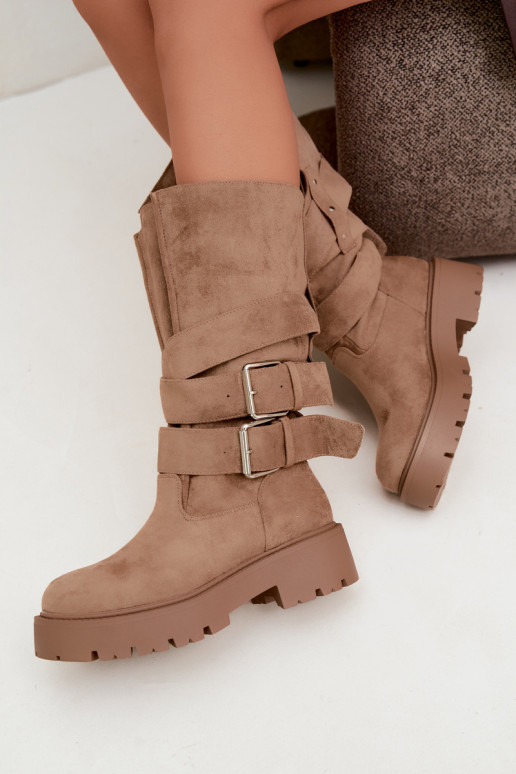 Warm knee-high boots with platform and buckles in sand color Palomae