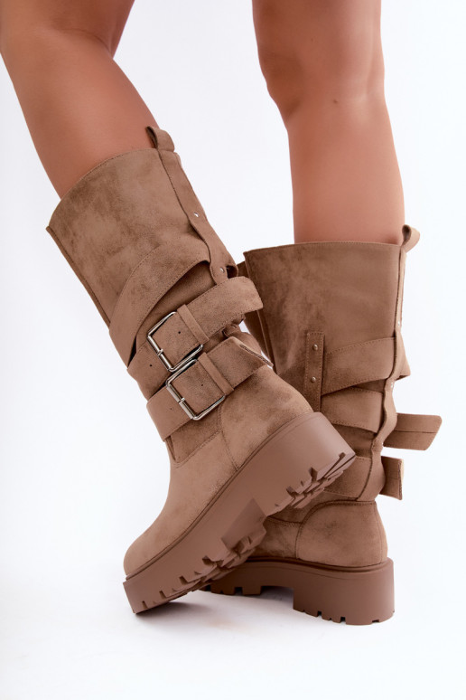 Warm knee-high boots with platform and buckles in sand color Palomae