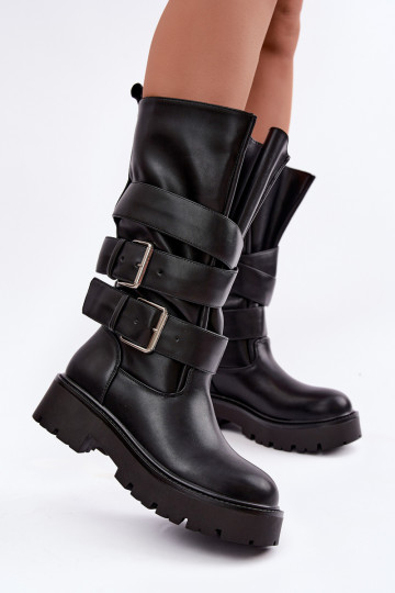 Warm knee-high boots with platform and buckles in black Palomae