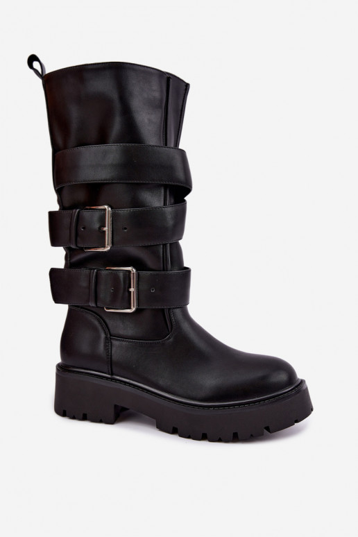Warm knee-high boots with platform and buckles in black Palomae