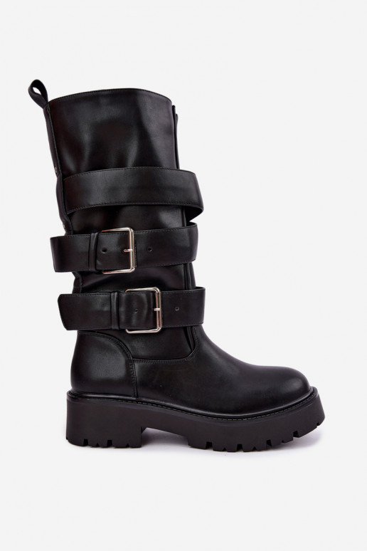 Warm knee-high boots with platform and buckles in black Palomae