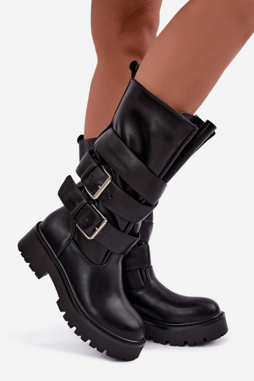 Warm knee-high boots with platform and buckles in black Palomae