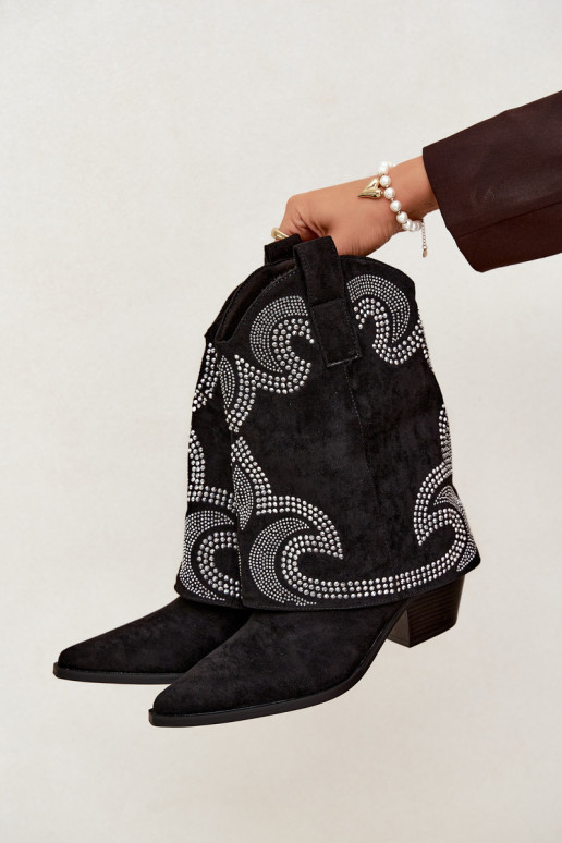 Decorated cowboy-style ankle boots with heels in black Irvena