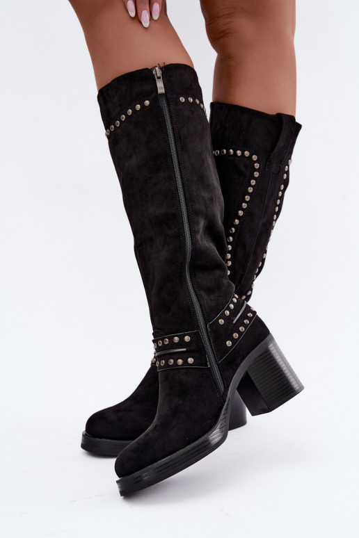 Warm knee-high boots with heels and decoration in black Bellune