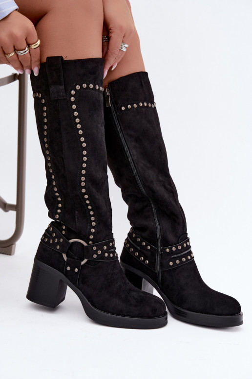 Warm knee-high boots with heels and decoration in black Bellune