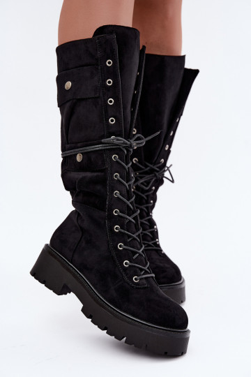 Warm knee-high boots with platform and laces in black Cressida