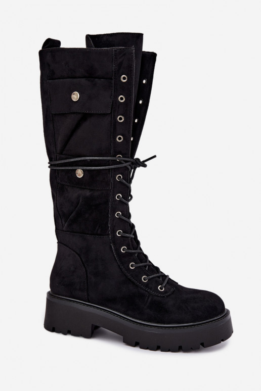 Warm knee-high boots with platform and laces in black Cressida
