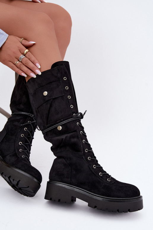 Warm knee-high boots with platform and laces in black Cressida