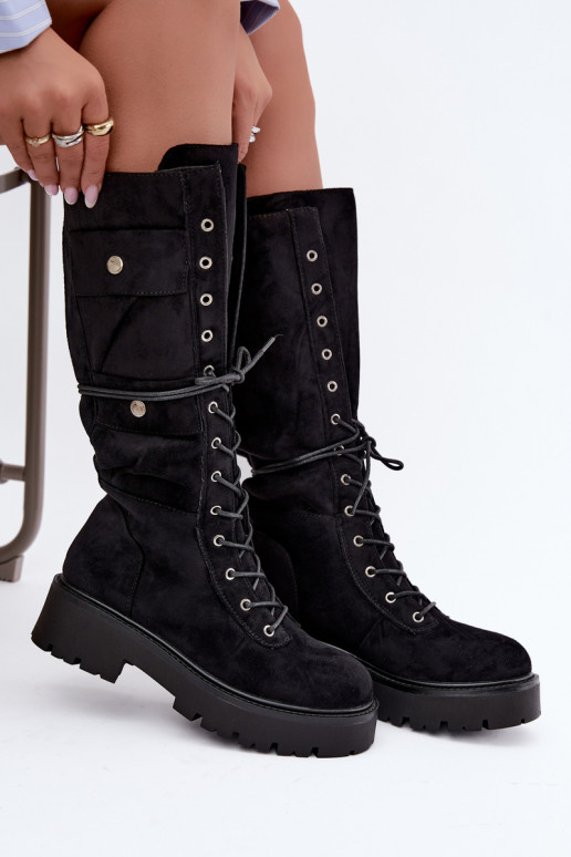 Warm knee-high boots with platform and laces in black Cressida