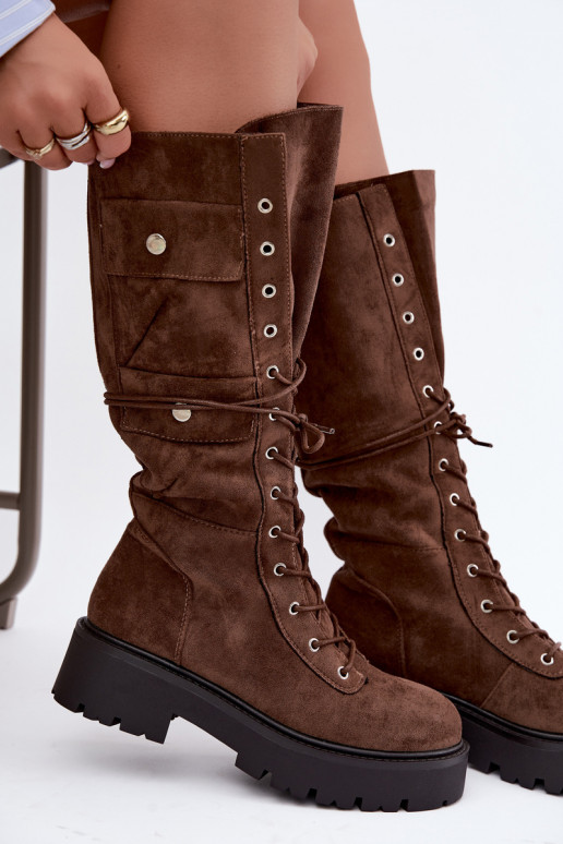 Warm knee-high boots with platform and laces in brown Cressida