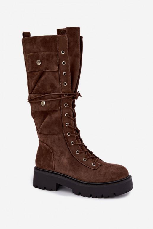 Warm knee-high boots with platform and laces in brown Cressida