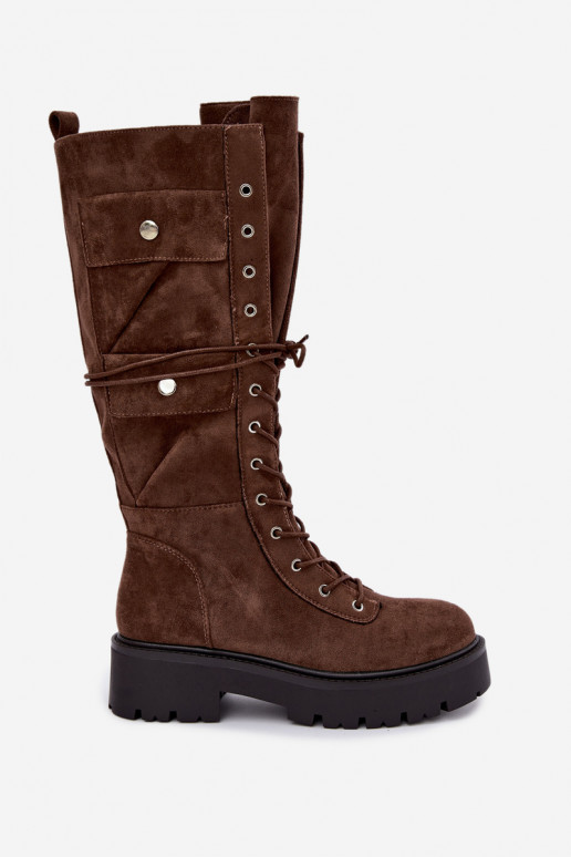 Warm knee-high boots with platform and laces in brown Cressida