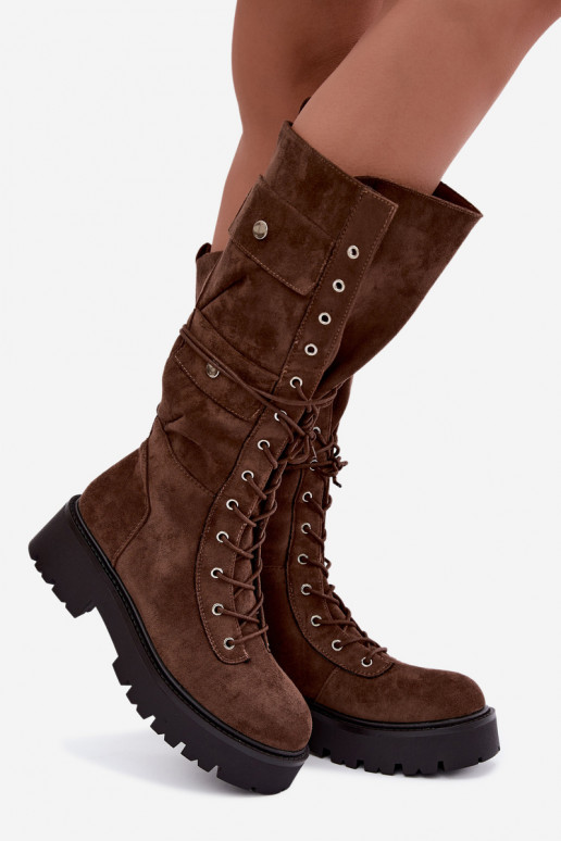 Warm knee-high boots with platform and laces in brown Cressida