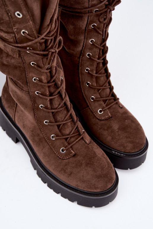 Warm knee-high boots with platform and laces in brown Cressida