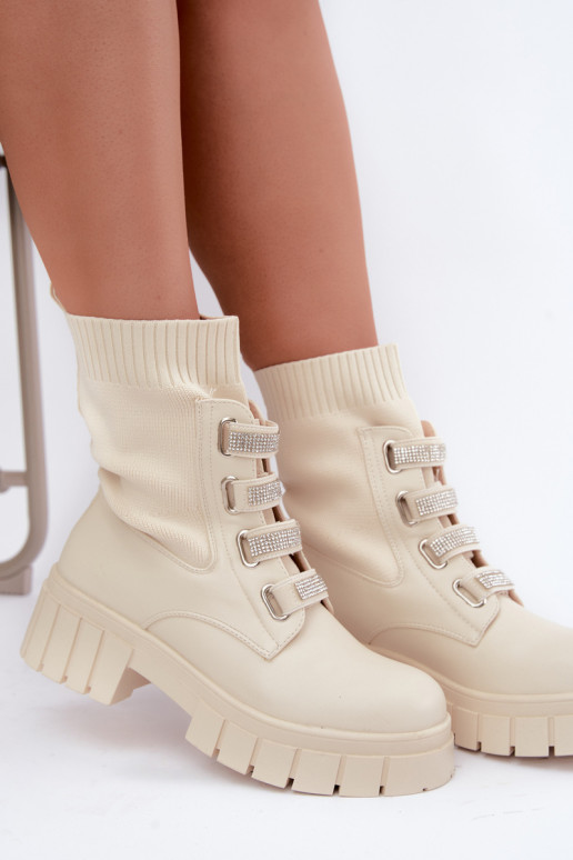 Warm ankle boots with decorative elements in sand color Giavelle