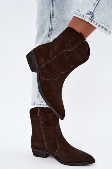 Chocolate-colored suede cowboy-style low-heeled boots Delsa