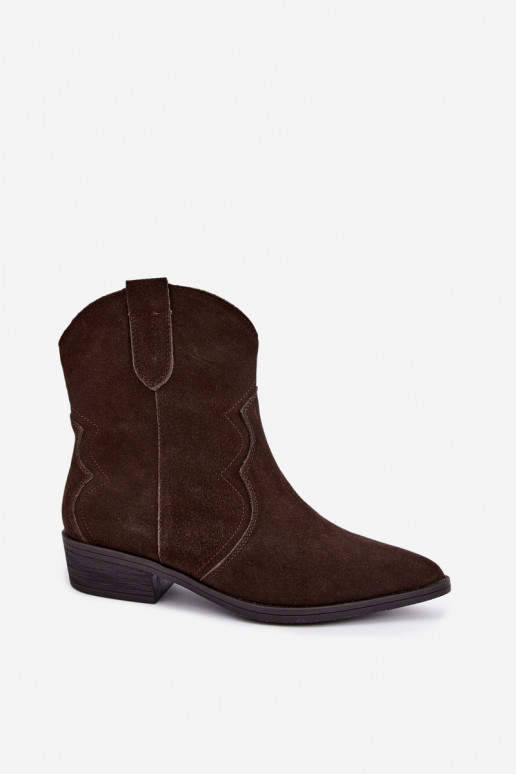 Chocolate-colored suede cowboy-style low-heeled boots Delsa