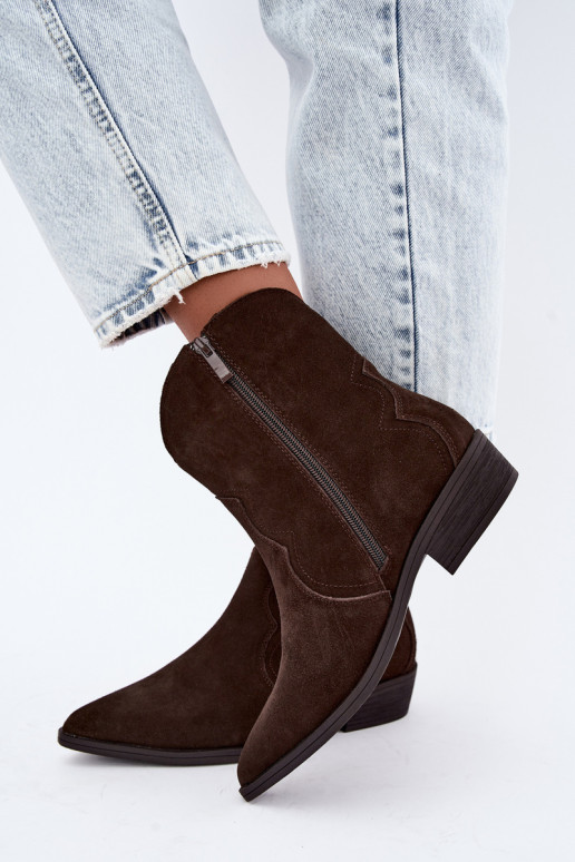 Chocolate-colored suede cowboy-style low-heeled boots Delsa