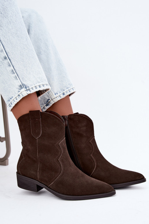 Chocolate-colored suede cowboy-style low-heeled boots Delsa
