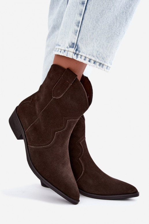 Chocolate-colored suede cowboy-style low-heeled boots Delsa