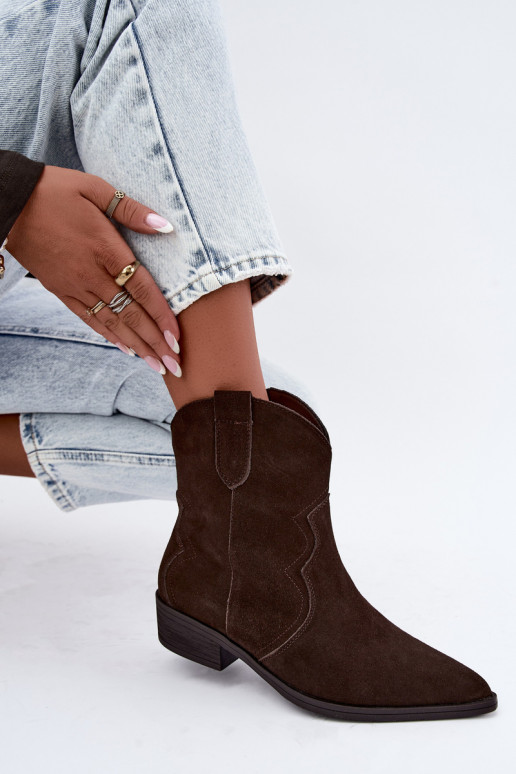 Chocolate-colored suede cowboy-style low-heeled boots Delsa
