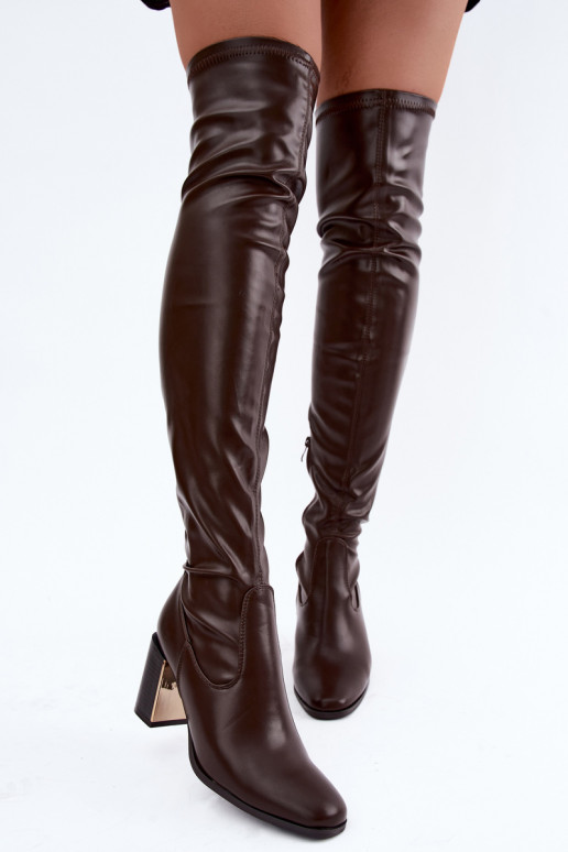 Chocolate-colored over-the-knee boots with heels Primelle