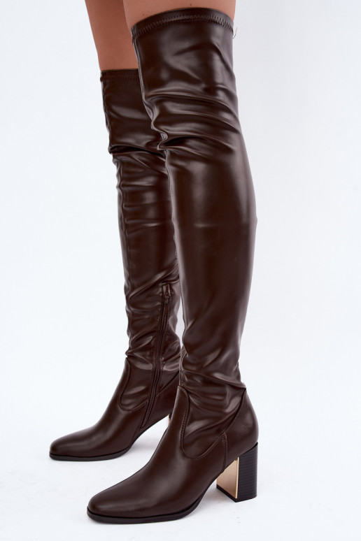 Chocolate-colored over-the-knee boots with heels Primelle